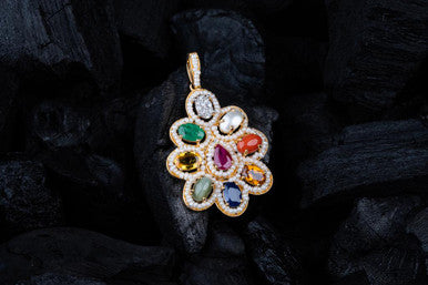 18K Yellow Gold Diamond Navratna Pendant with Gemstones