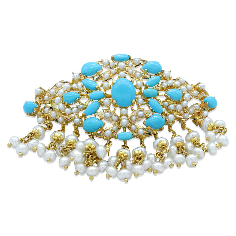 21K Yellow Gold Indian Pearl Turquoise Hair Clip