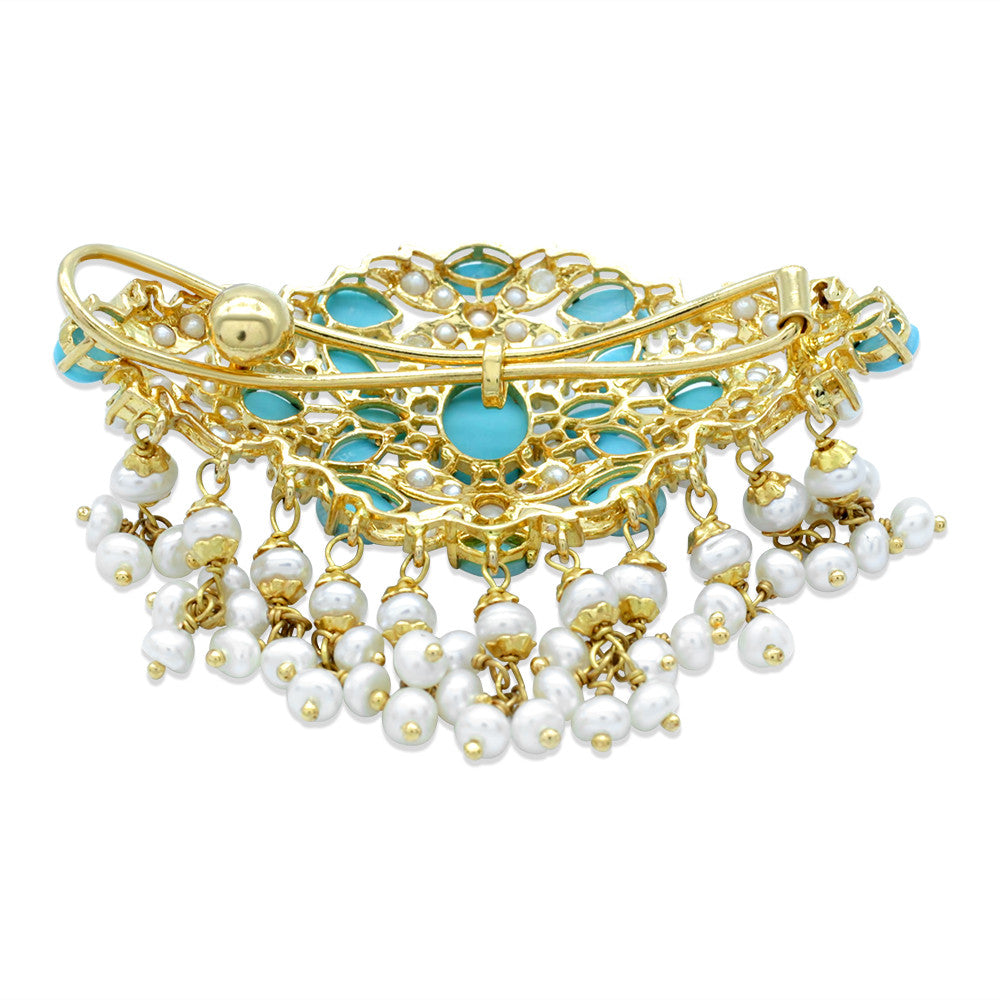 21K Yellow Gold Indian Pearl Turquoise Hair Clip fastening