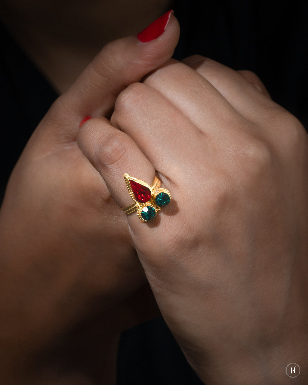 21K Yellow Gold Red Green Emirati Ring