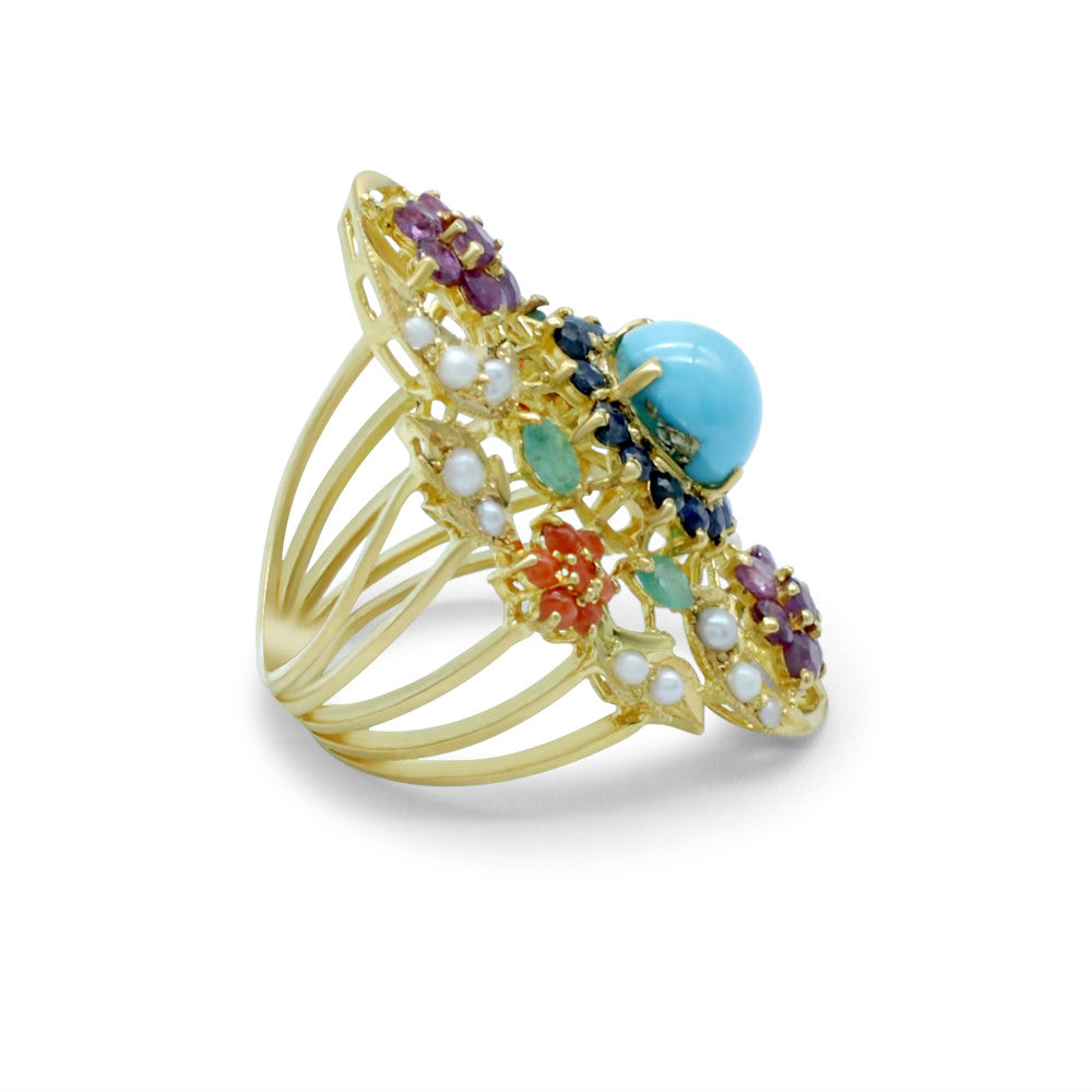 Side profile of 22K Yellow Gold Bahraini Multicolor Pearl Oval Ring