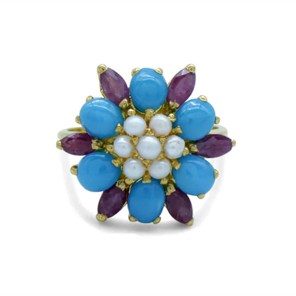 22K Yellow Gold Bahraini Floral Indigo Pearl Ring