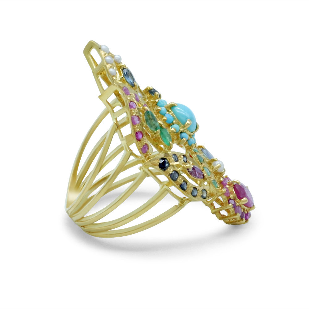 Side profile of 22K Yellow Gold Bahraini Multicolor Leaf Pearl Ring