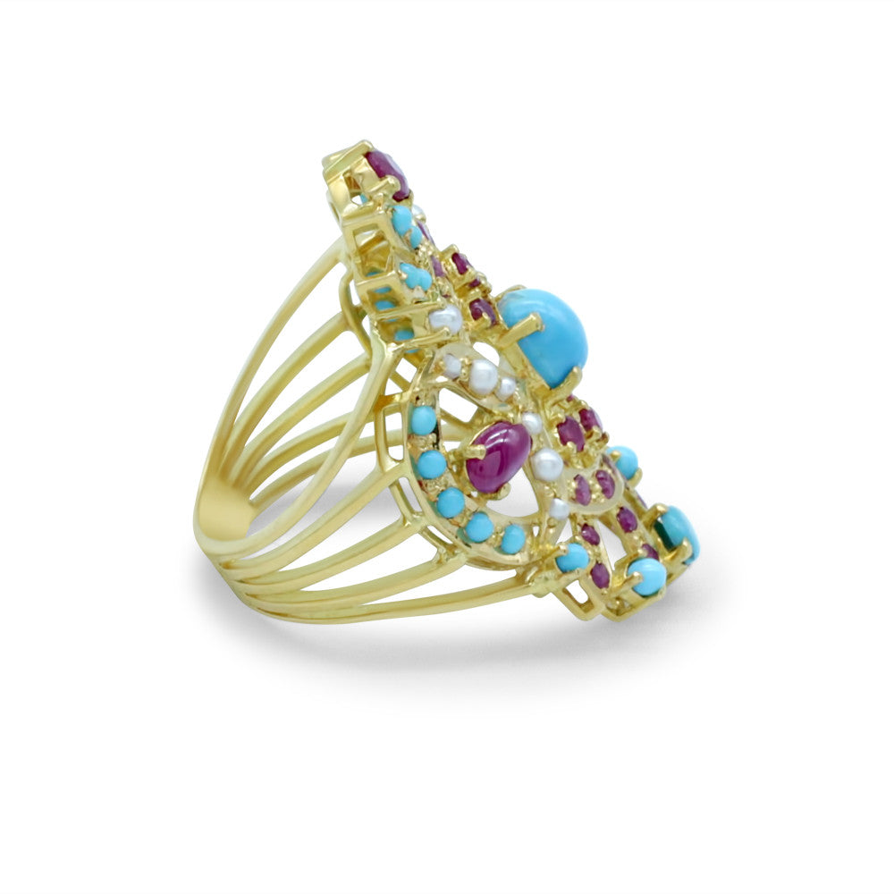 Side profile of 21K Yellow Gold Bahraini Turquoise Purple Ring