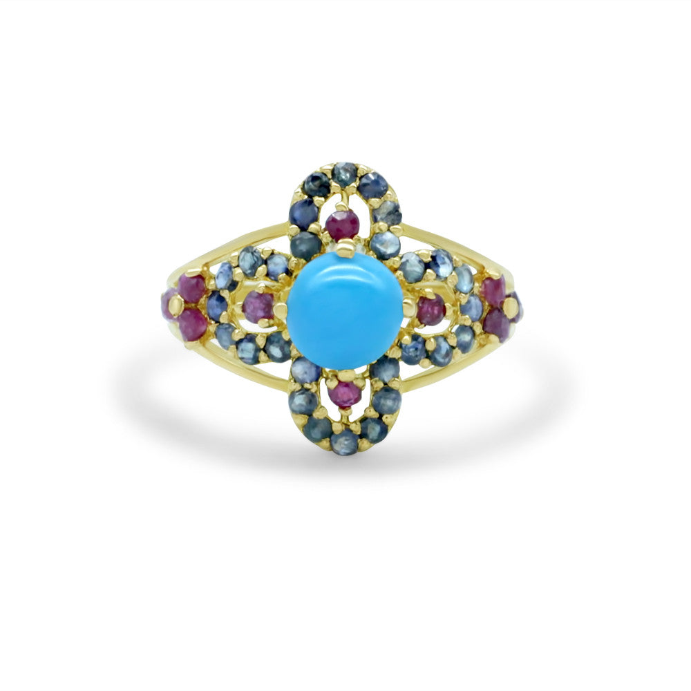 21K Yellow Gold Bahraini Turquoise Flower Ring