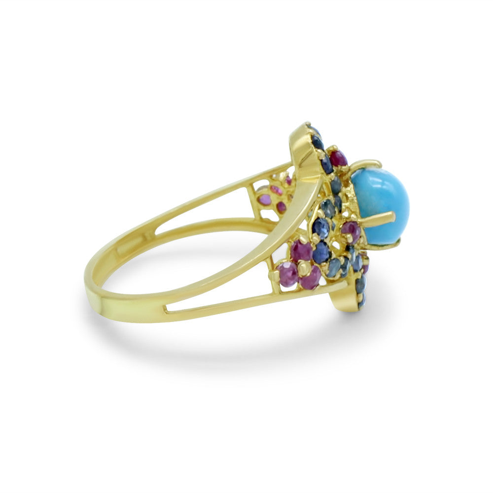 Side profile of 21K Yellow Gold Bahraini Turquoise Flower Ring