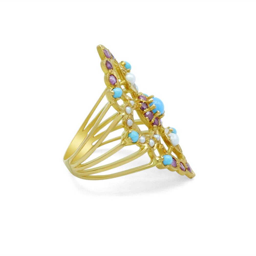 Side profile of 21K Yellow Gold Bahraini Blue Fire Ring