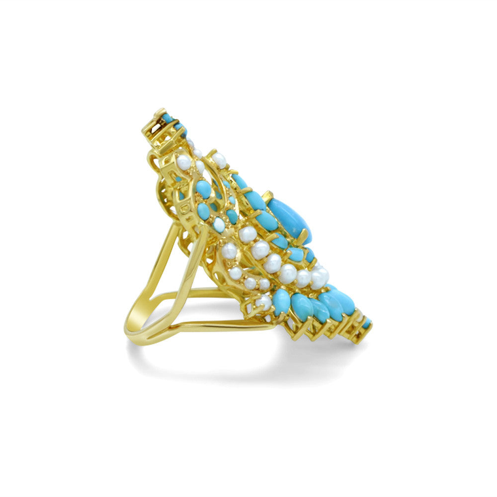 Side profile of 21K Yellow Gold Bahraini Blue Frill Pearl Ring