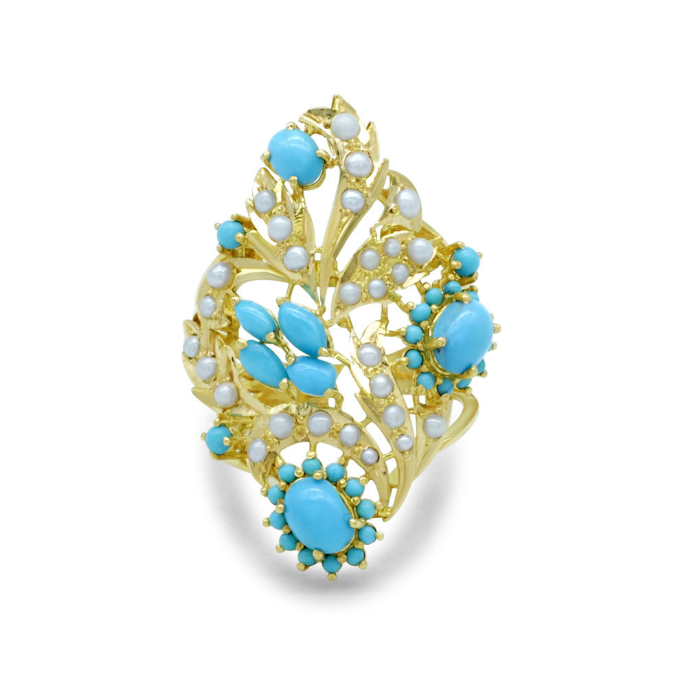 21K Yellow Gold Bahraini Turquoise Leaf Pearl Ring