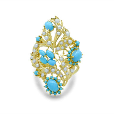 21K Yellow Gold Pakistani Turquoise Leaf Pearl Ring