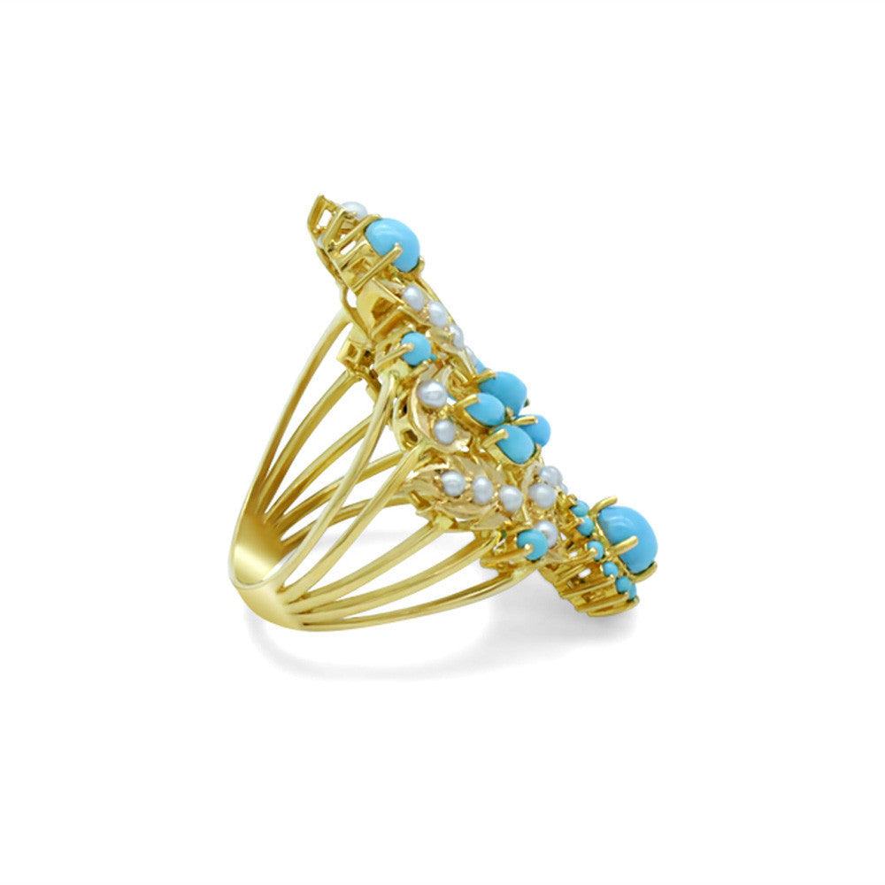 Side profile of 21K Yellow Gold Bahraini Turquoise Leaf Pearl Ring