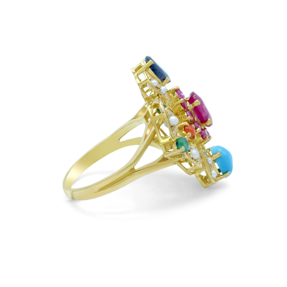 Side profile of 21K Yellow Gold Bahraini Multicolor Crown Ring