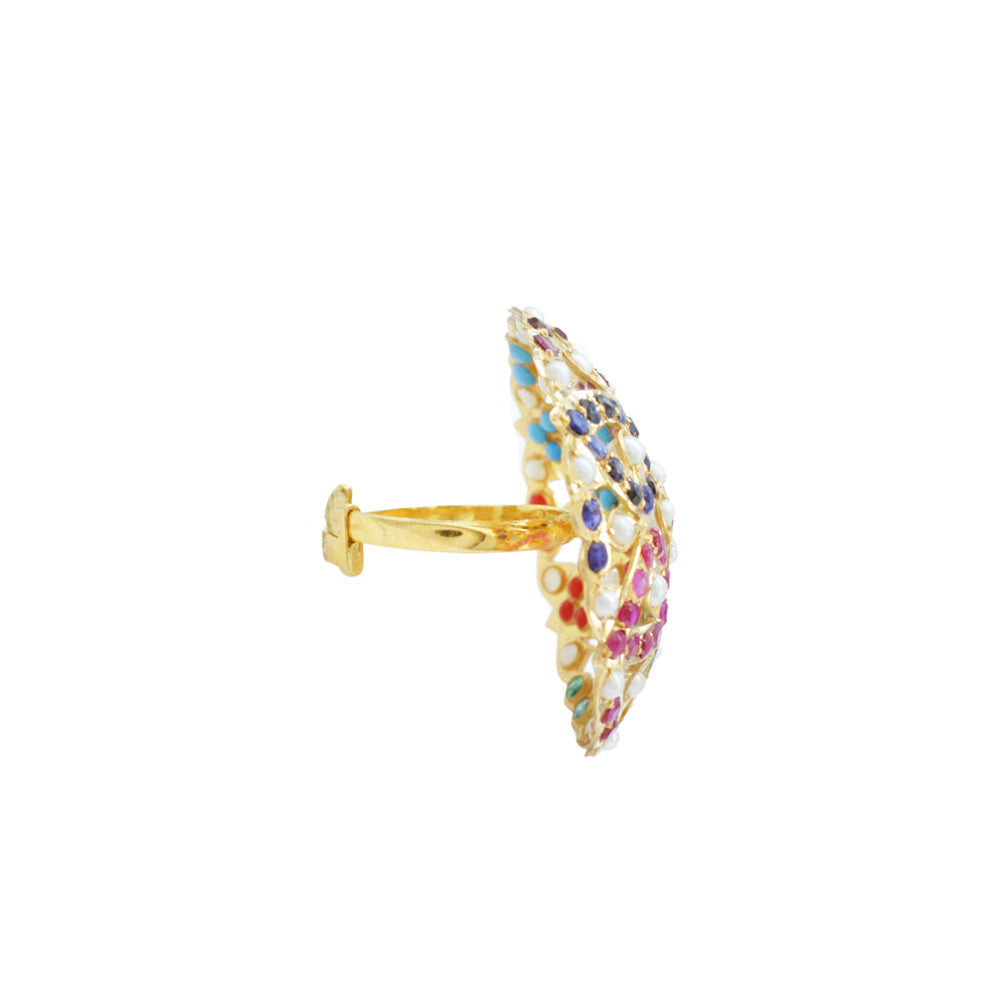 Side profile of 21K Yellow Gold Bahraini Colorful Flower Ring