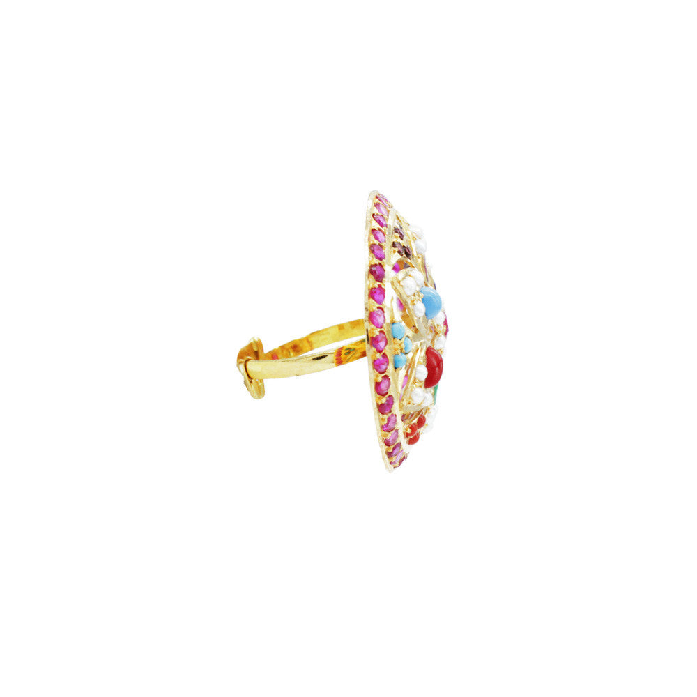 Side profile of 21K Yellow Gold Bahraini Pink Colorful Flower Ring