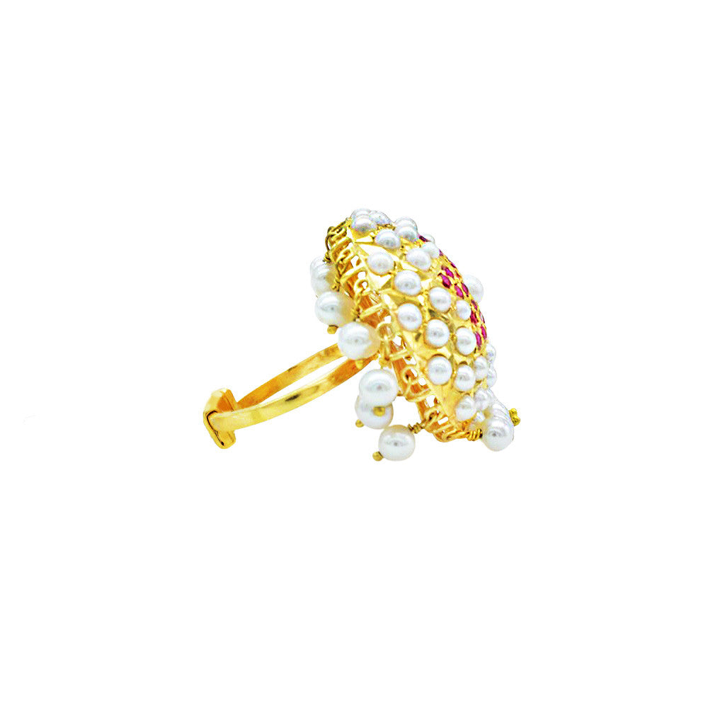 Side profile of 22K Yellow Gold Bahraini Pearl Beaded Flower Ring