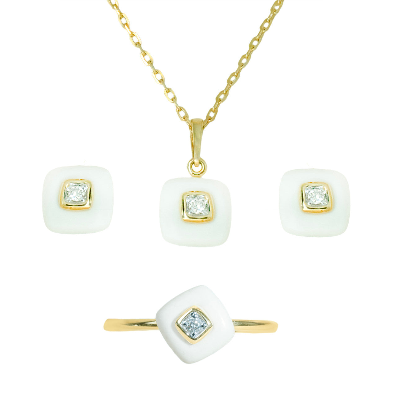 18K Yellow Gold Square Shell Diamond Pendant Set