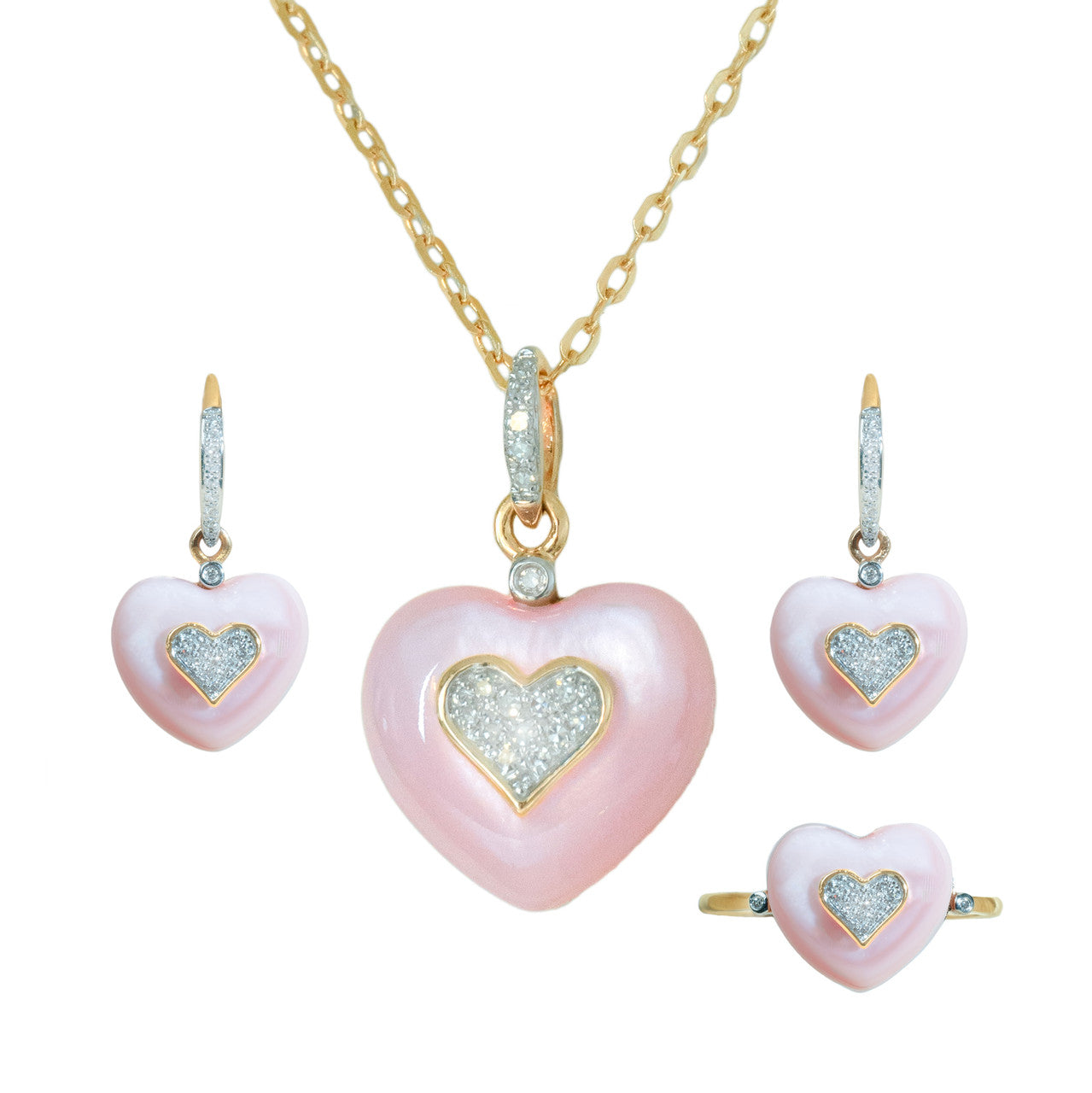 18K Rose Gold Mother of Pearl Heart Diamond Pendant Set