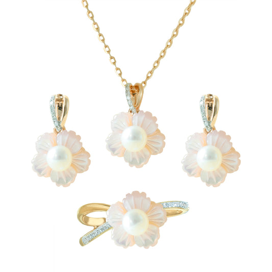 18K Rose Gold Flower Pearl Diamond Pendant Set