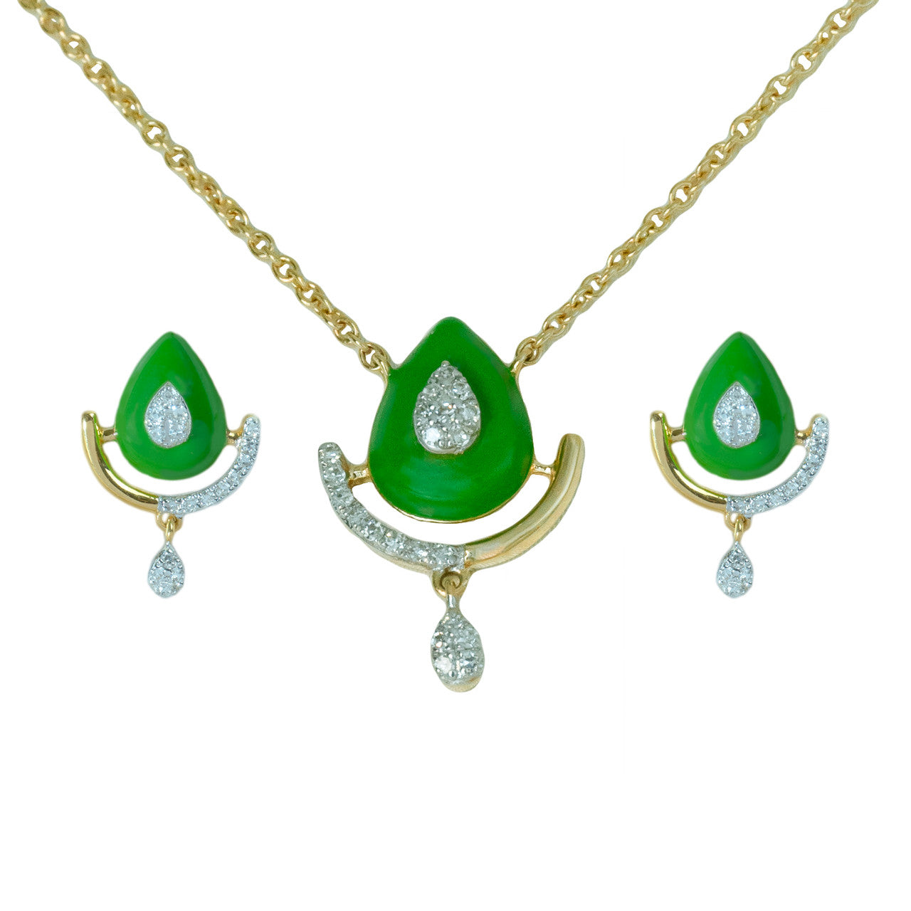 18K Yellow Gold Green Enamel Diamond Necklace Set