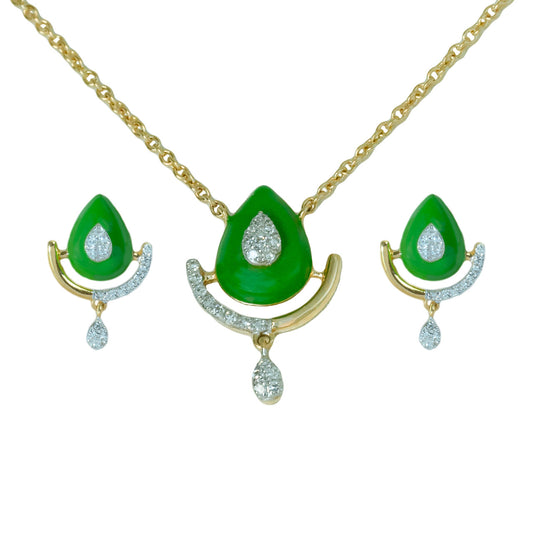 18K Yellow Gold Green Enamel Diamond Necklace Set