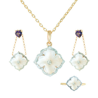 18K Yellow Gold Mother of Pearl Flower Diamond Pendant Set