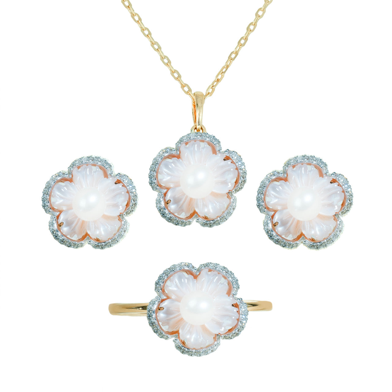 18K Rose Gold Mother of Pearl  Flower Diamond Pendant Set