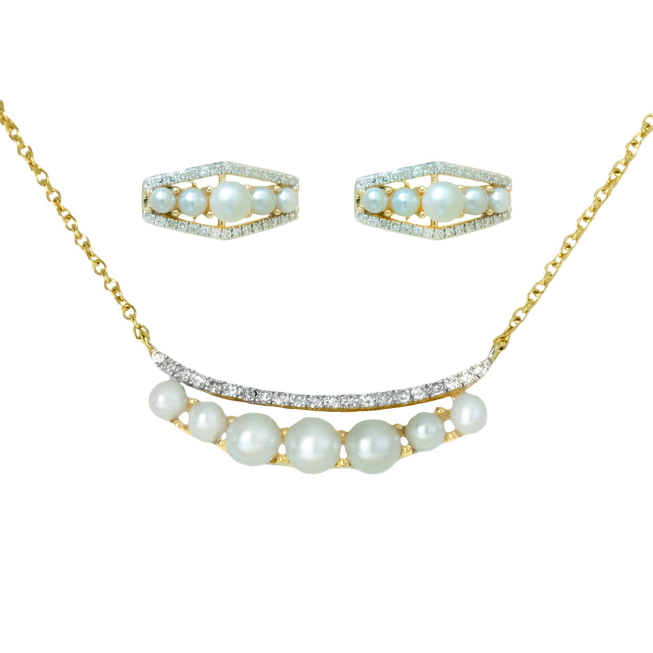 18K Yellow Gold Pearl Diamond Necklace Set