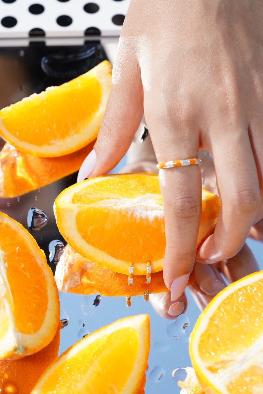 18K Yellow Gold Small Orange Enamel Diamond Earrings Ring Set