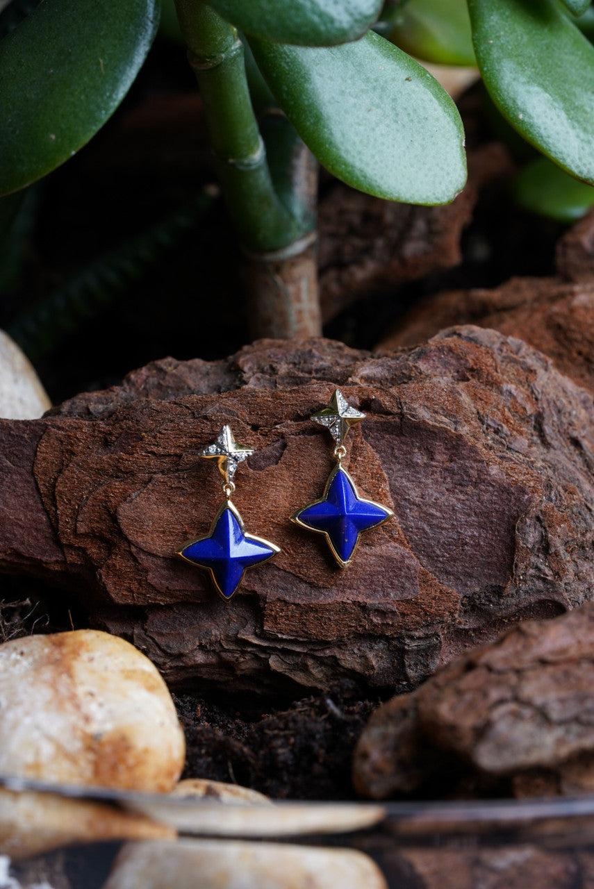 18K Yellow Gold Blue Onyx Star Diamond Drop Earrings