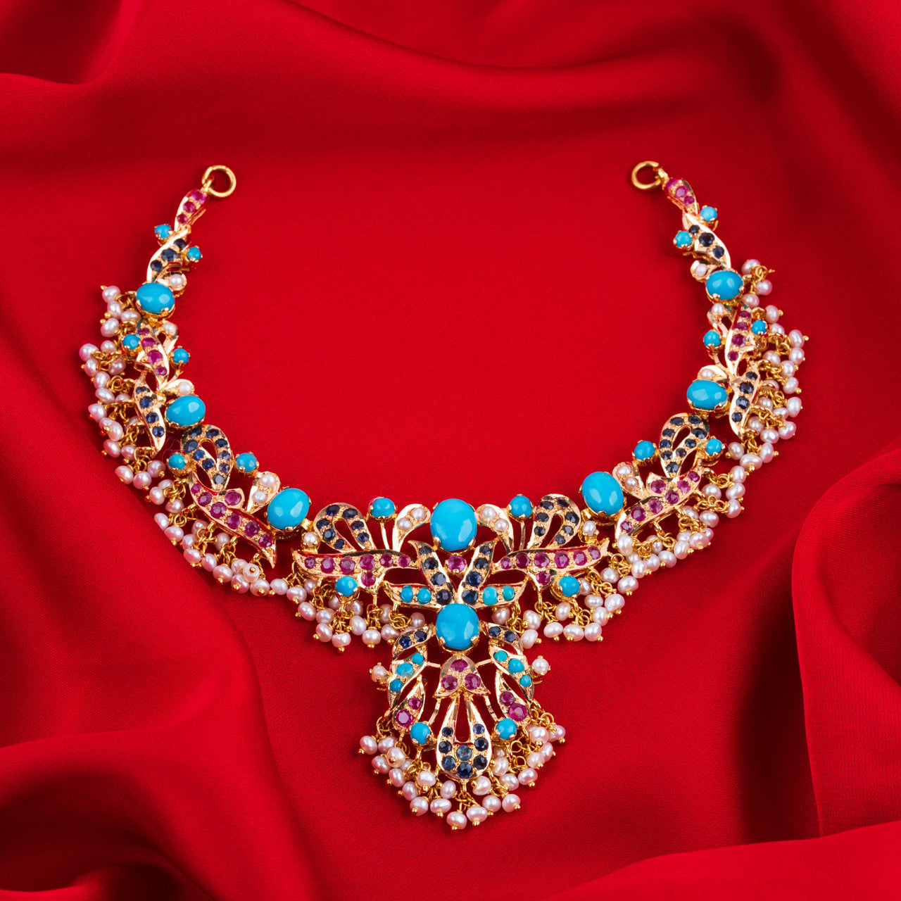 21K Yellow Gold Pakistani Turquoise Princess Necklace With Semi-Precious Gemstones