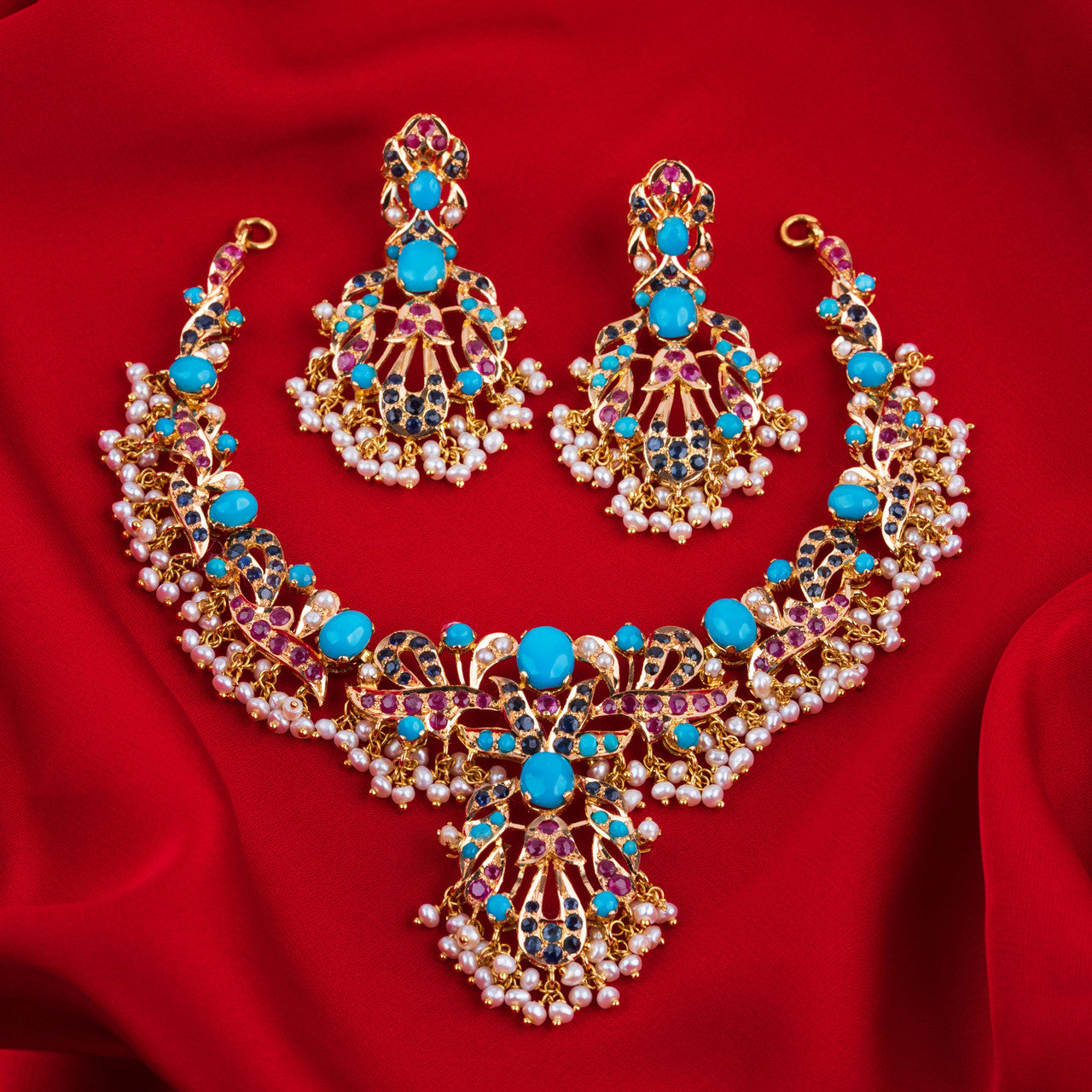 21K Yellow Gold Pakistani Turquoise Gemstones Necklace Set