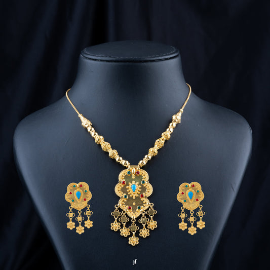 21K Bahraini Yellow Gold Turquoise Flower Necklace Set