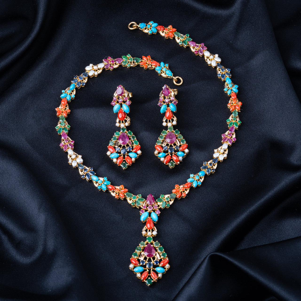 21K Yellow Gold Pakistani Multicolor Semi-precious Necklace Set