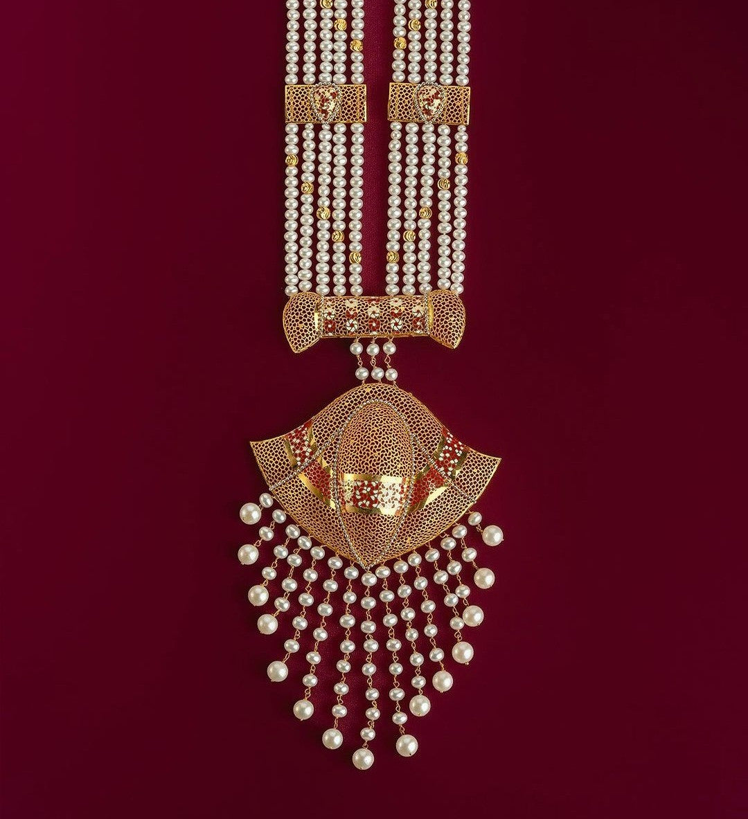 21K Yellow Gold Saudi Red Bow Pearl Necklace