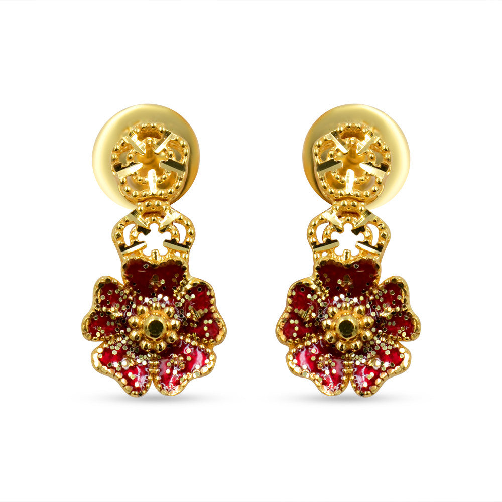 21K yellow gold drop earrings with flower motif and Meena work