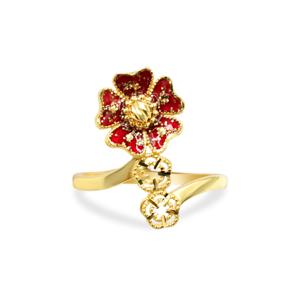 21K yellow gold ring with flower motif in Meena work