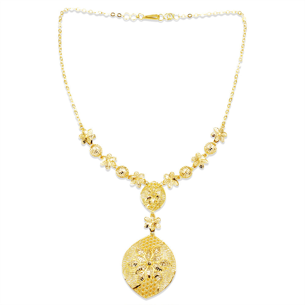 Matinee length 21K yellow gold floral necklace with scale detailing