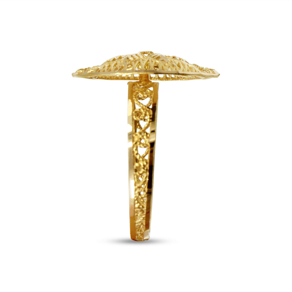 Side profile of 21K yellow gold ring with floral motif