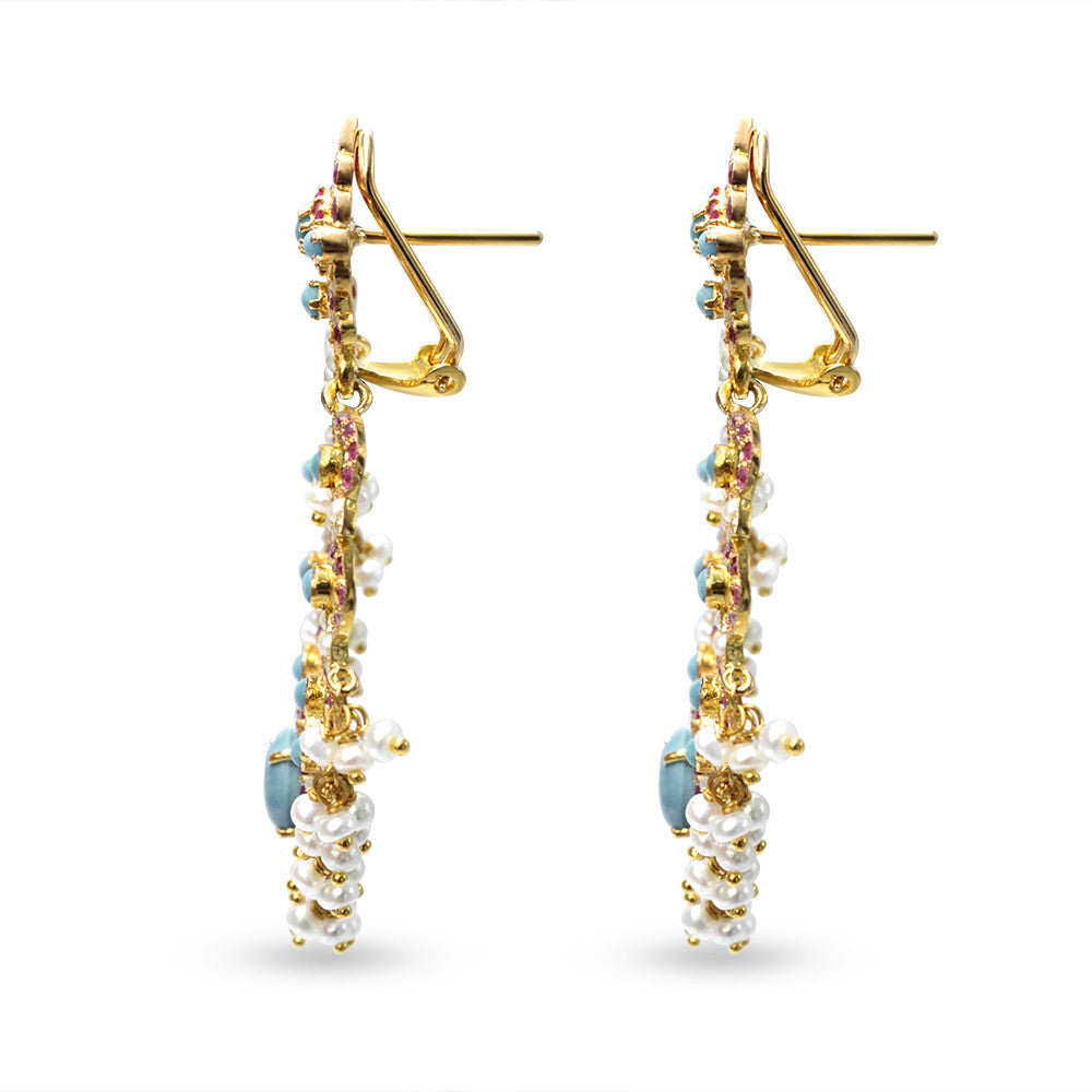 Side view of 21K Yellow Gold Bahraini Pearl Gemstone chandelier english lock earrings