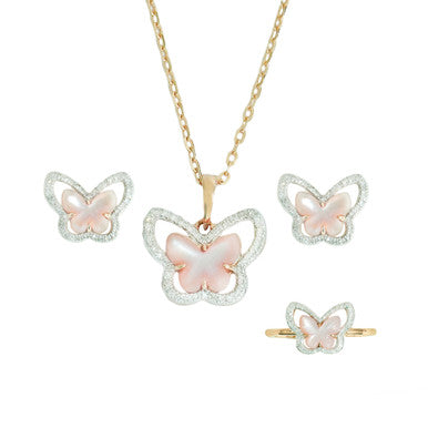 18K Yellow Gold Butterfly Mother of Pearl Diamond Pendant Set