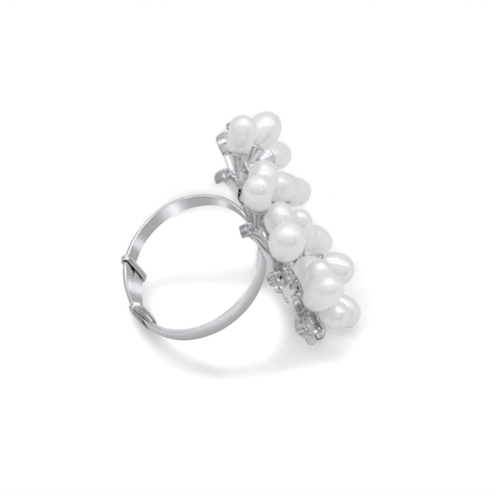 Side profile of 18K white gold Italian pearl vine adjustable ring