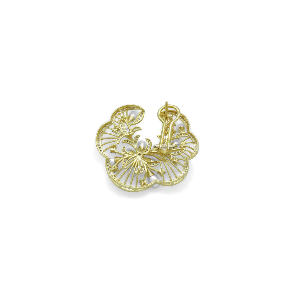 18K yellow gold Italian pearl flower french clip stud earrings