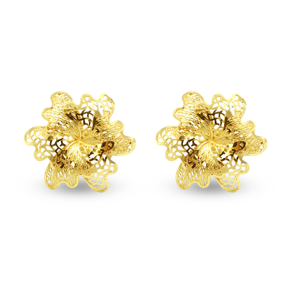 21K yellow gold Bahraini Embossed Flower Stud Earrings