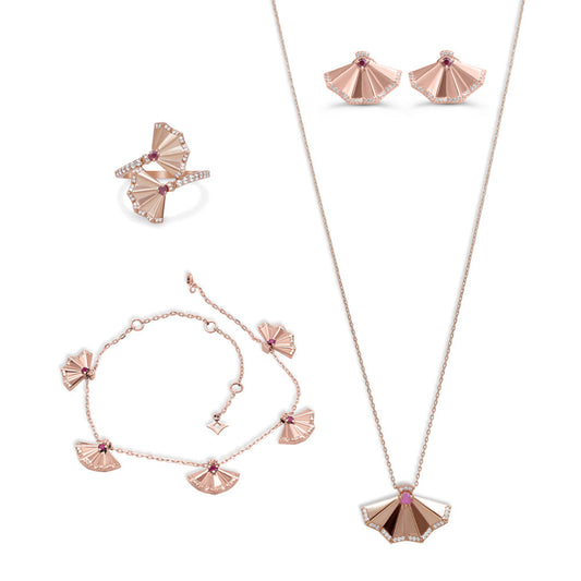 18K Rose Gold Italian Fan Matinee Necklace Set