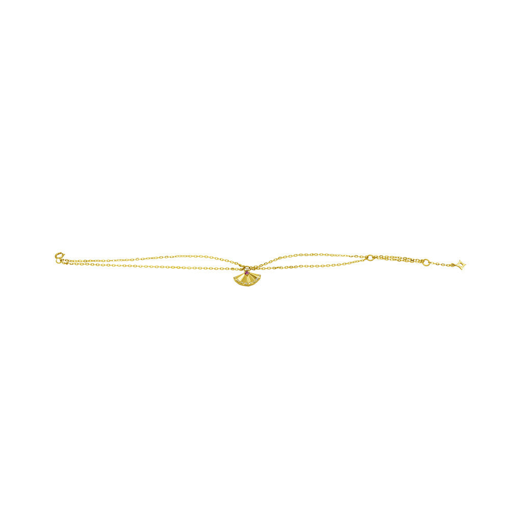 18K Yellow gold Italian Fan charm double chain bracelet with adjustable spring ring clasp