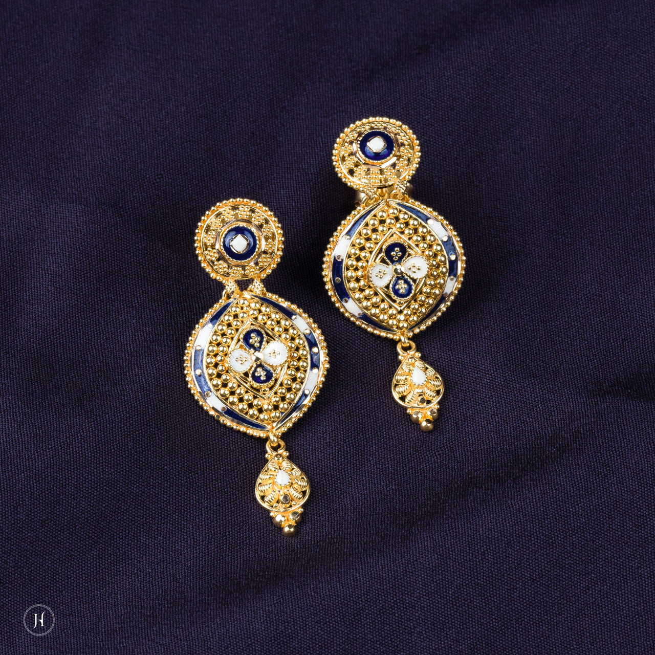 21K Yellow Gold Bahraini Blue Enamel mini chandelier earrings