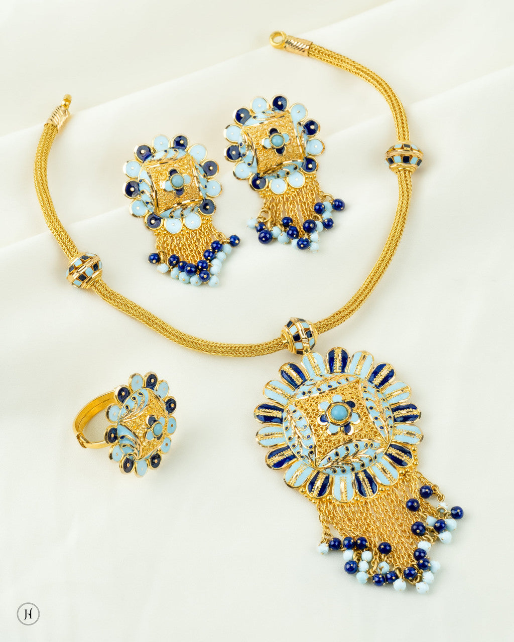 21K Yellow Gold Bahraini Blue Flower Princess Necklace Set