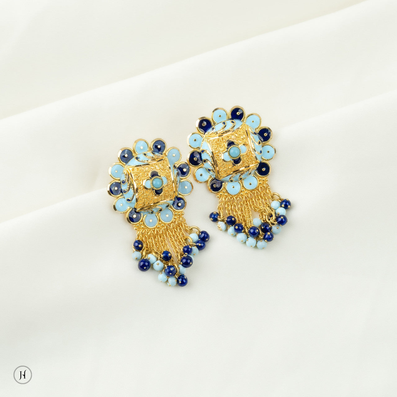 21K Yellow Gold Bahraini Blue Flower mini chandelier earrings