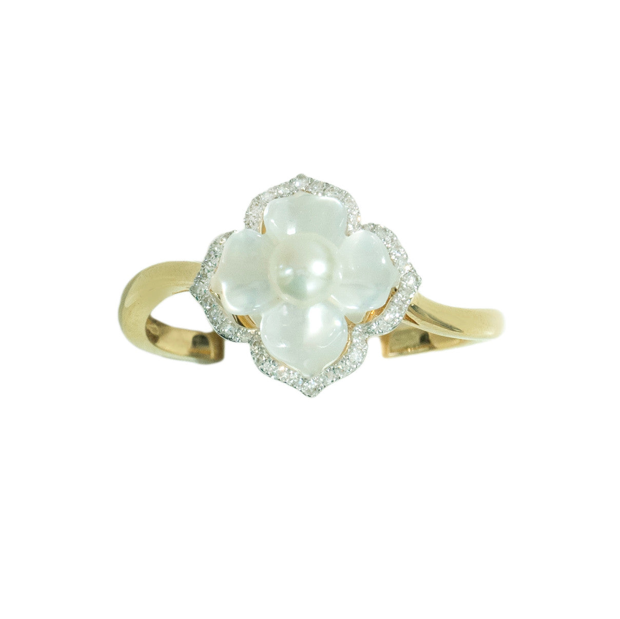 18K Yellow Gold Pearl Flower Diamond Ring