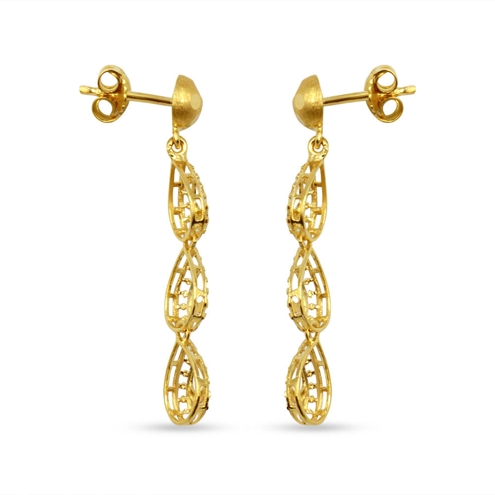 Side profile of 21K yellow gold Saudi 3 tier drop push back earrings